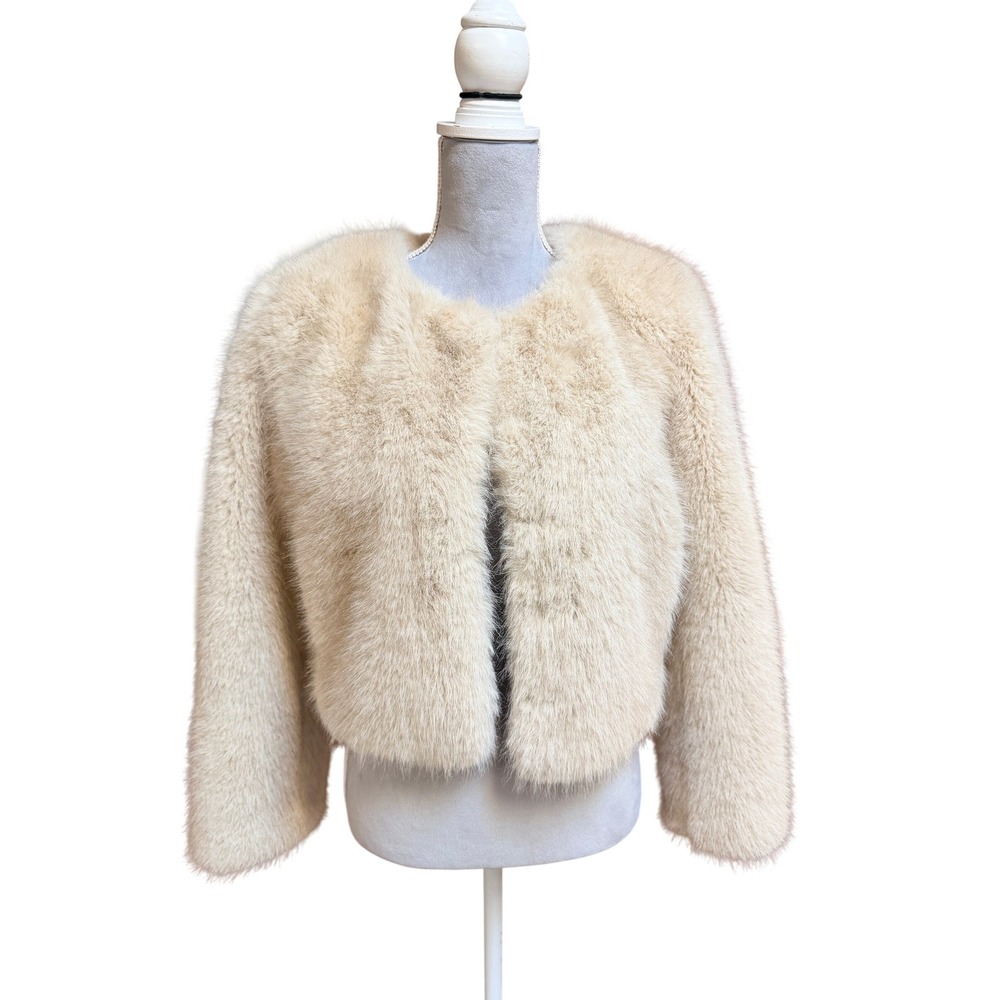 J.Crew Collection Luisa Lady Faux Fur Jacket Cream XS Cropped Collarless Glam